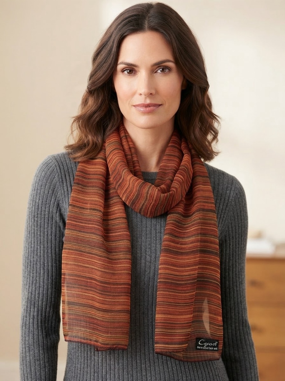 Cejon Accessories Inc. Striped Sheer Scarf Rust Brown Orange Multi 54" x 13"